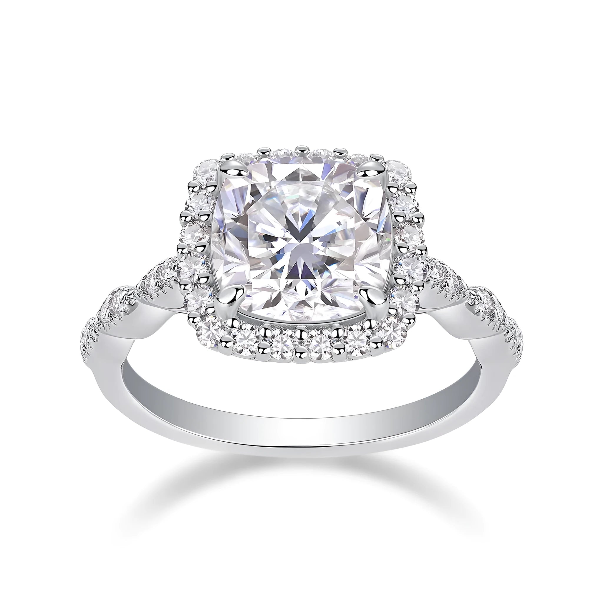 Square moissanite wedding ring, platinum plated S925 silver, 8.5mm stone, in gift box with GRA certificate