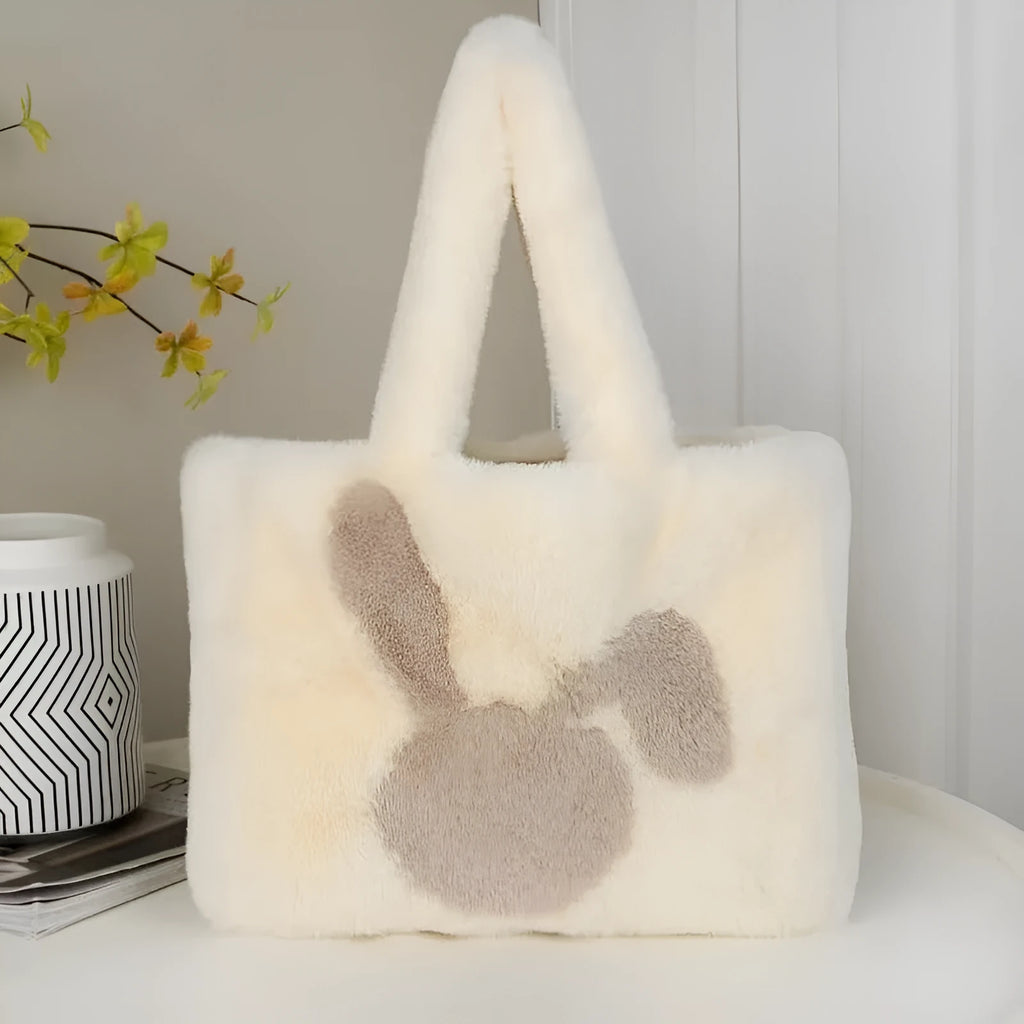 New Cute Rabbit Head One-shoulder Portable Plush Bag in white with contrast stitching and double shoulder straps