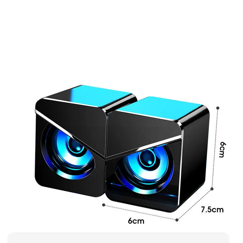 Black and white USB mini desktop stereo speaker showing simple, standard, and upgraded versions