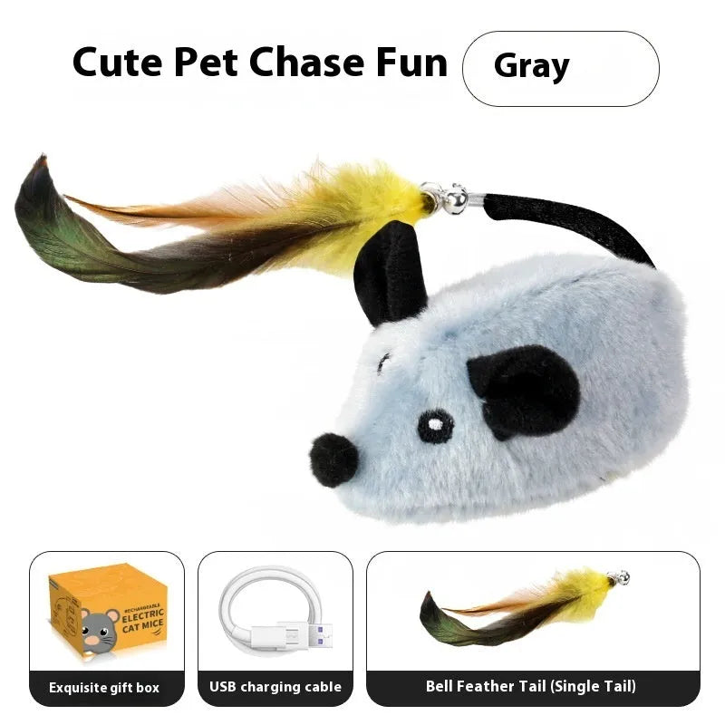 Electric charging simulation mouse cat toy with feather tail decoration