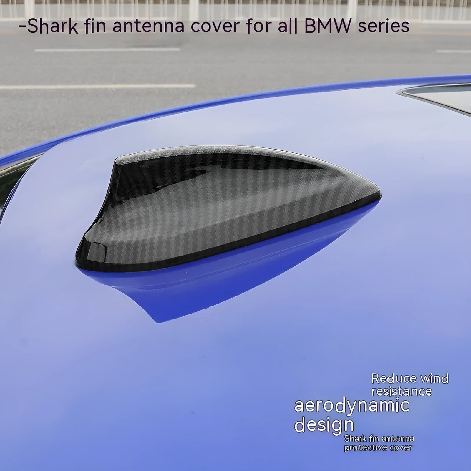 BMW shark fin antenna cover in carbon fibre and piano black finishes for Types A, B, and E.