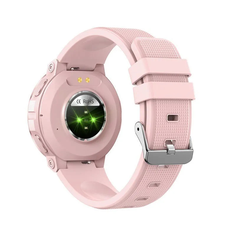MK60 smart watch in pink with TFT screen showing health data, on a wrist, with Bluetooth call and health monitoring features.