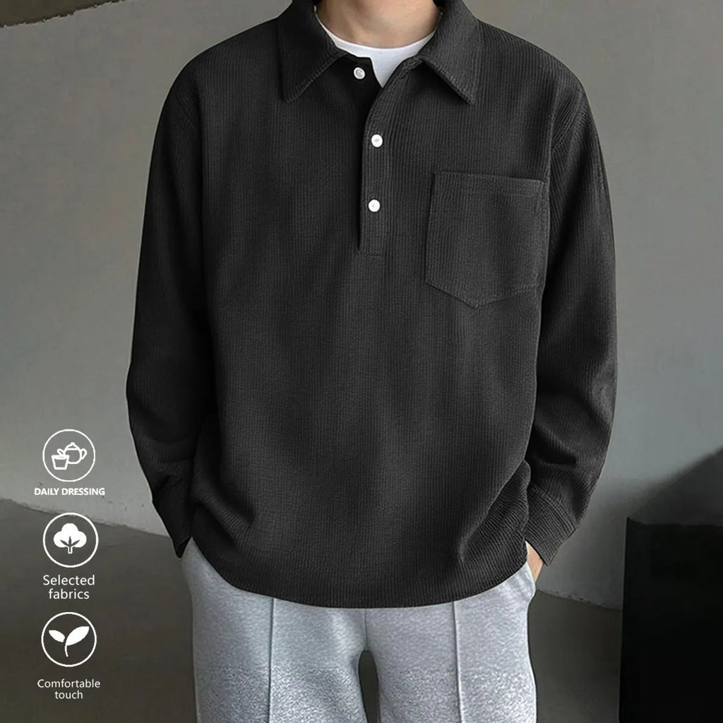 American retro casual pullover shirt in loose fit, polyester, available in black, dark gray, and green, sizes S to XXL