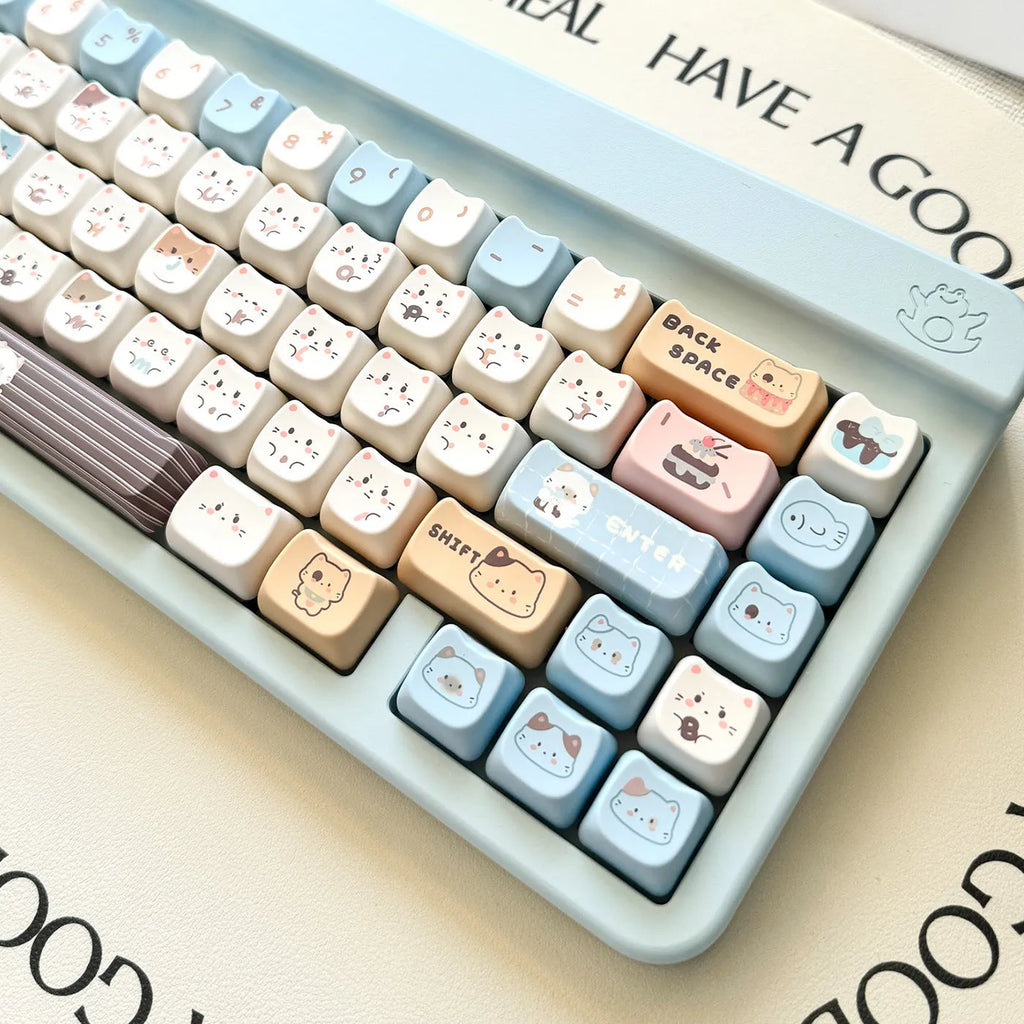 High Sea Salt Cat themed PBT plastic key cap set for mechanical keyboards, showing full layout with coloured keys.