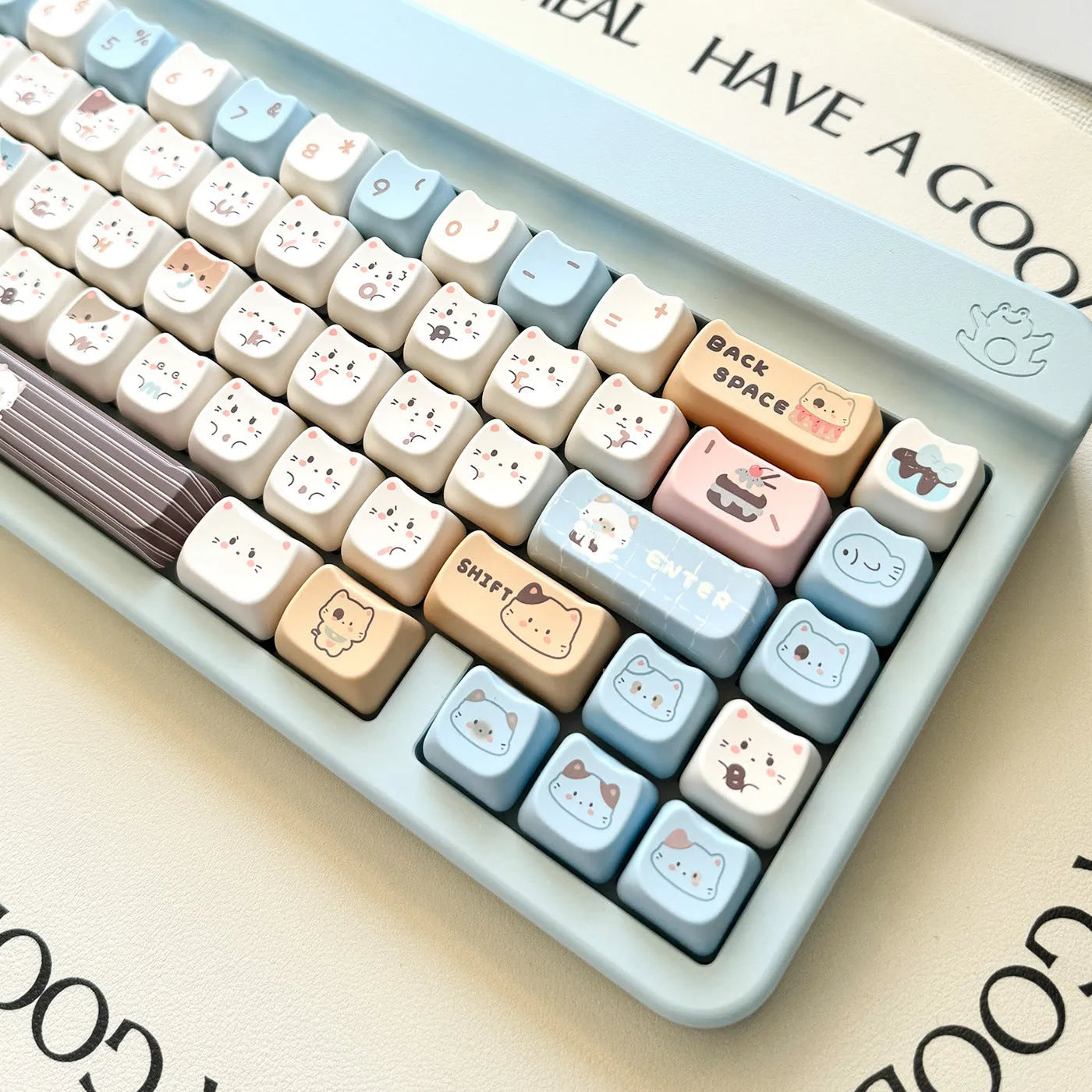 High Sea Salt Cat themed PBT plastic key cap set for mechanical keyboards, showing full layout with coloured keys.