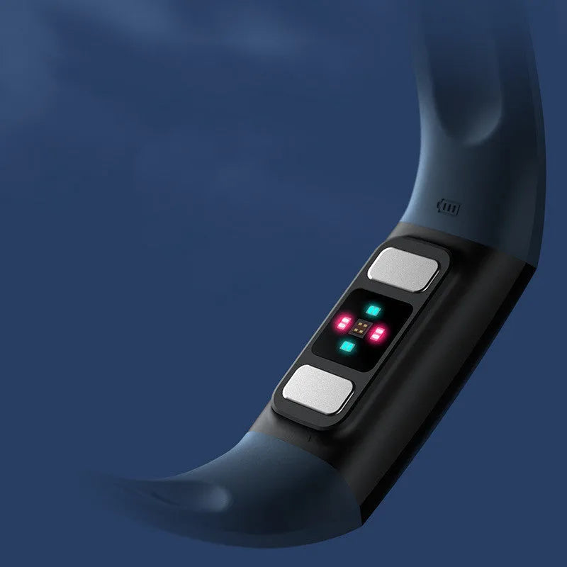 Black smart health bracelet with 1.1-inch screen displaying ECG graph, blood pressure, and heart rate readings on wrist.