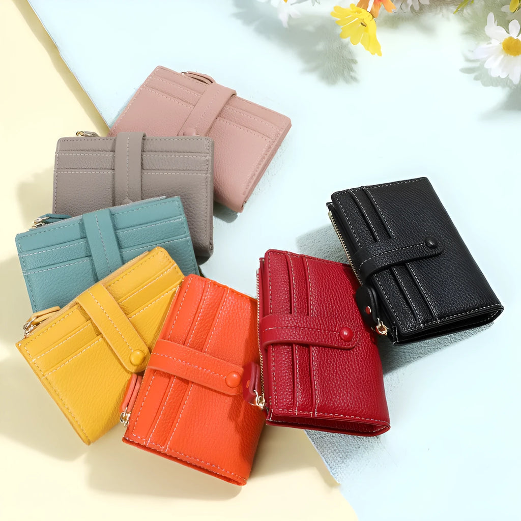 Women's small PU leather wallet in solid colour with zip closure and coin purse, front view