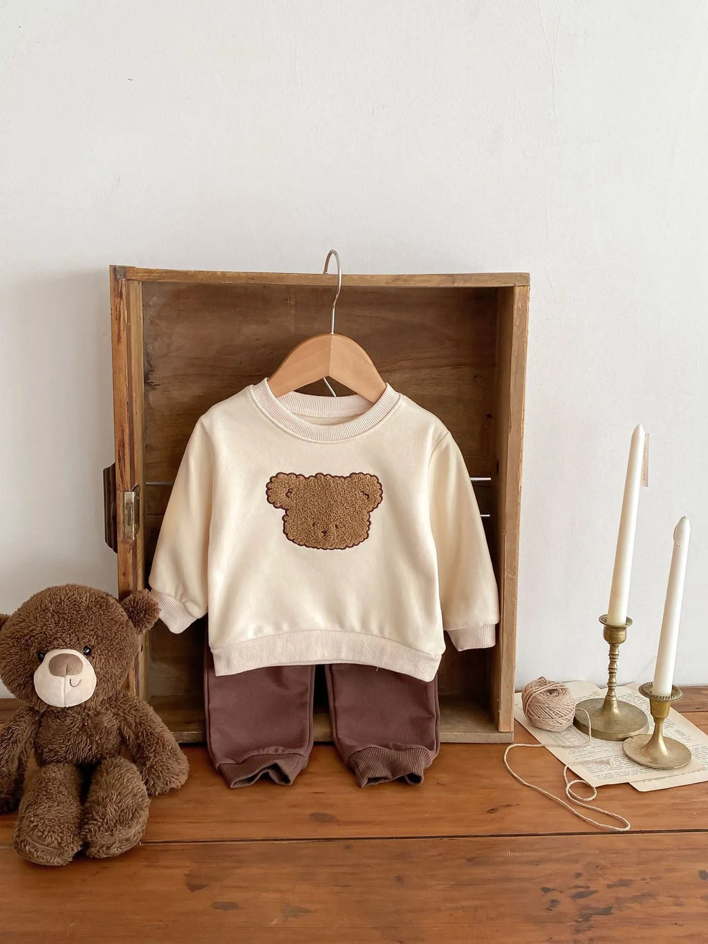 Bear long-sleeved sweater split two-piece suit in khaki with animal pattern for toddlers