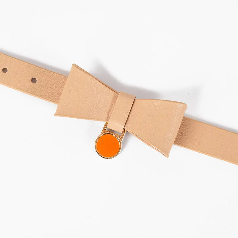 Genuine leather cat collar shown in six colour options: brown, black, apricot, pink, blue, and green.