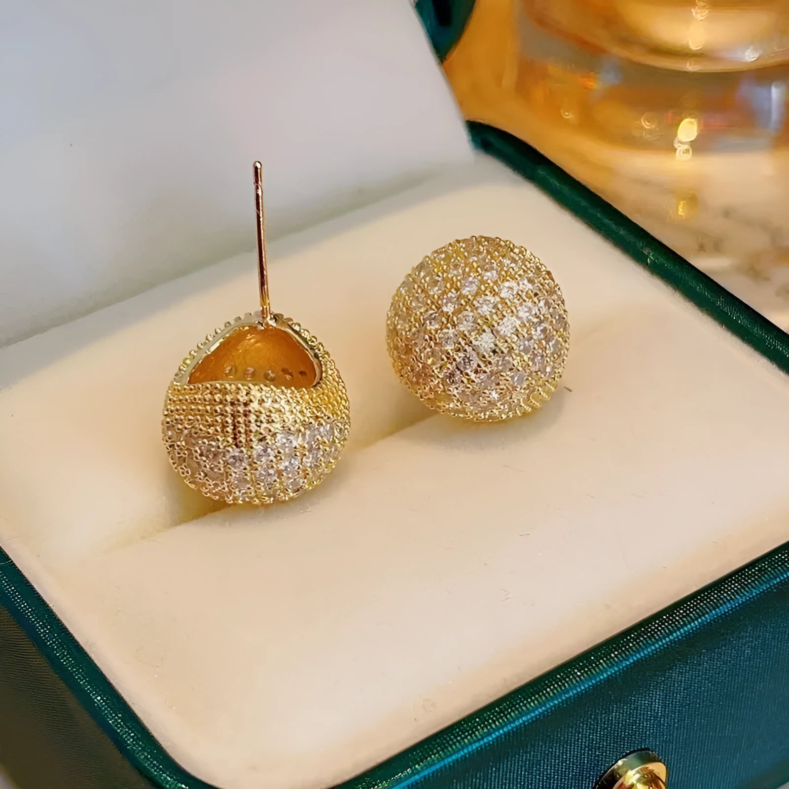 Gold and white geometric drop earrings with full diamond flashing and little golden beans design