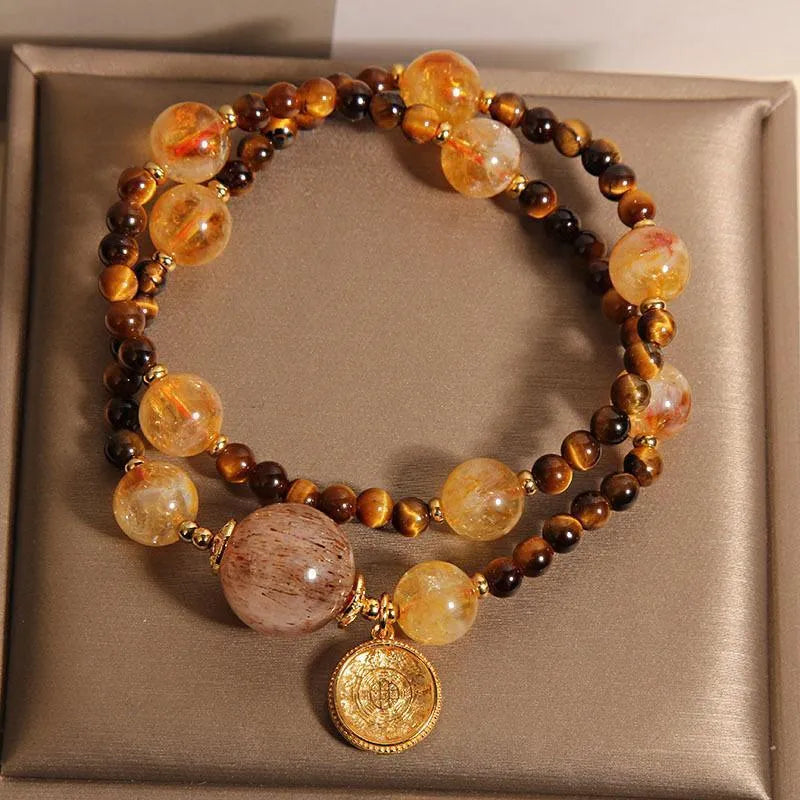 Natural citrine tiger-eye bracelet double circle yellow tower crystal inlaid women's accessory