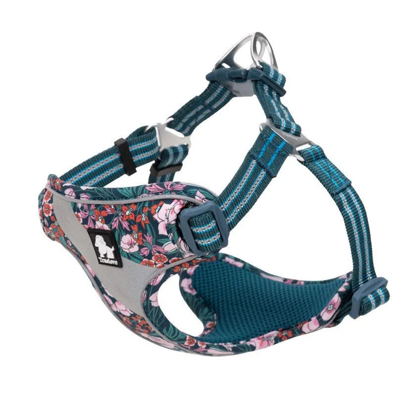Nylon pet chest strap in a floral pattern, shown with size options S, M, and L.