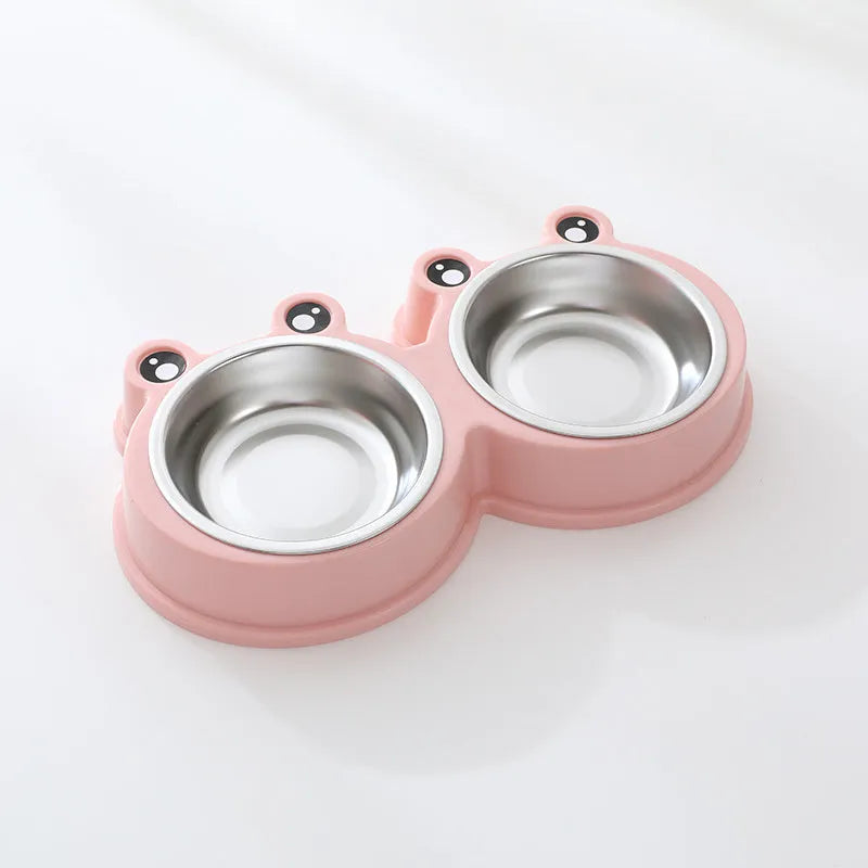 Stainless steel pet bowl with frog decoration and double compartments for food and water separation