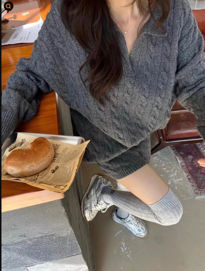 Women's knitted suit set with cable knit pattern, elastic waist shorts, and long sleeves in black, grey, or creamy-white