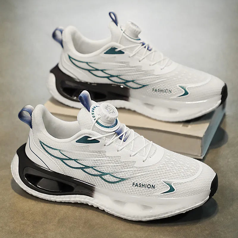 Men's low-top rotating button sneaker in black, light blue, or white and blue, with mesh or leather upper.