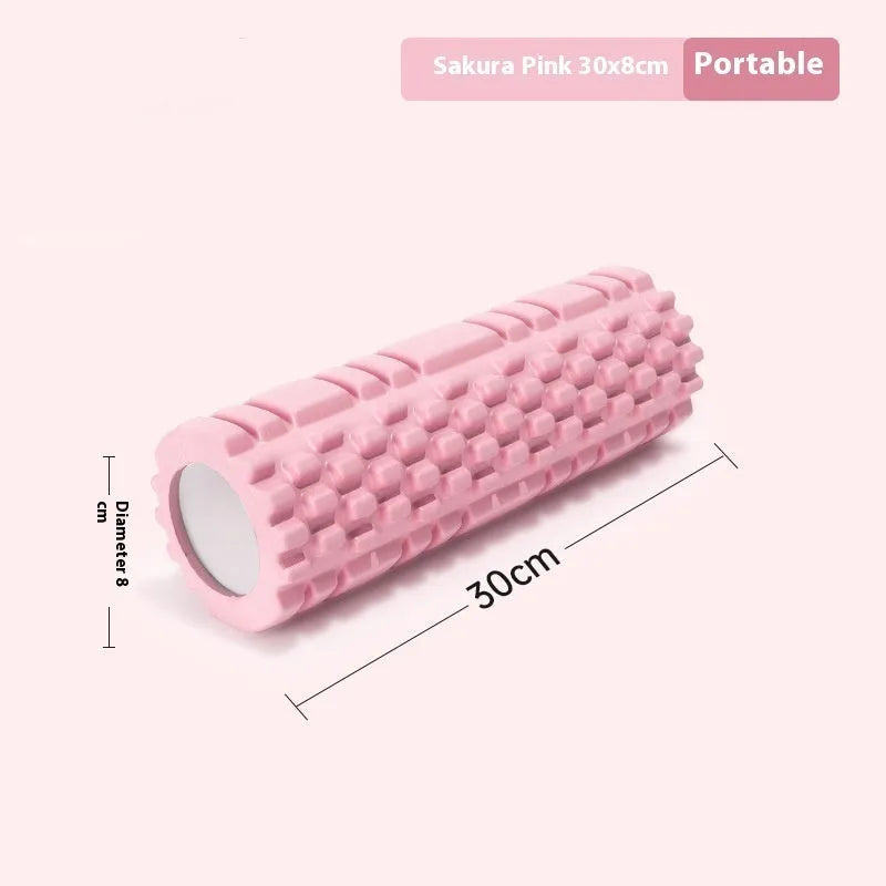 A firm EVA foam roller in a choice of colours like pink or black, shown in different sizes for fitness recovery.