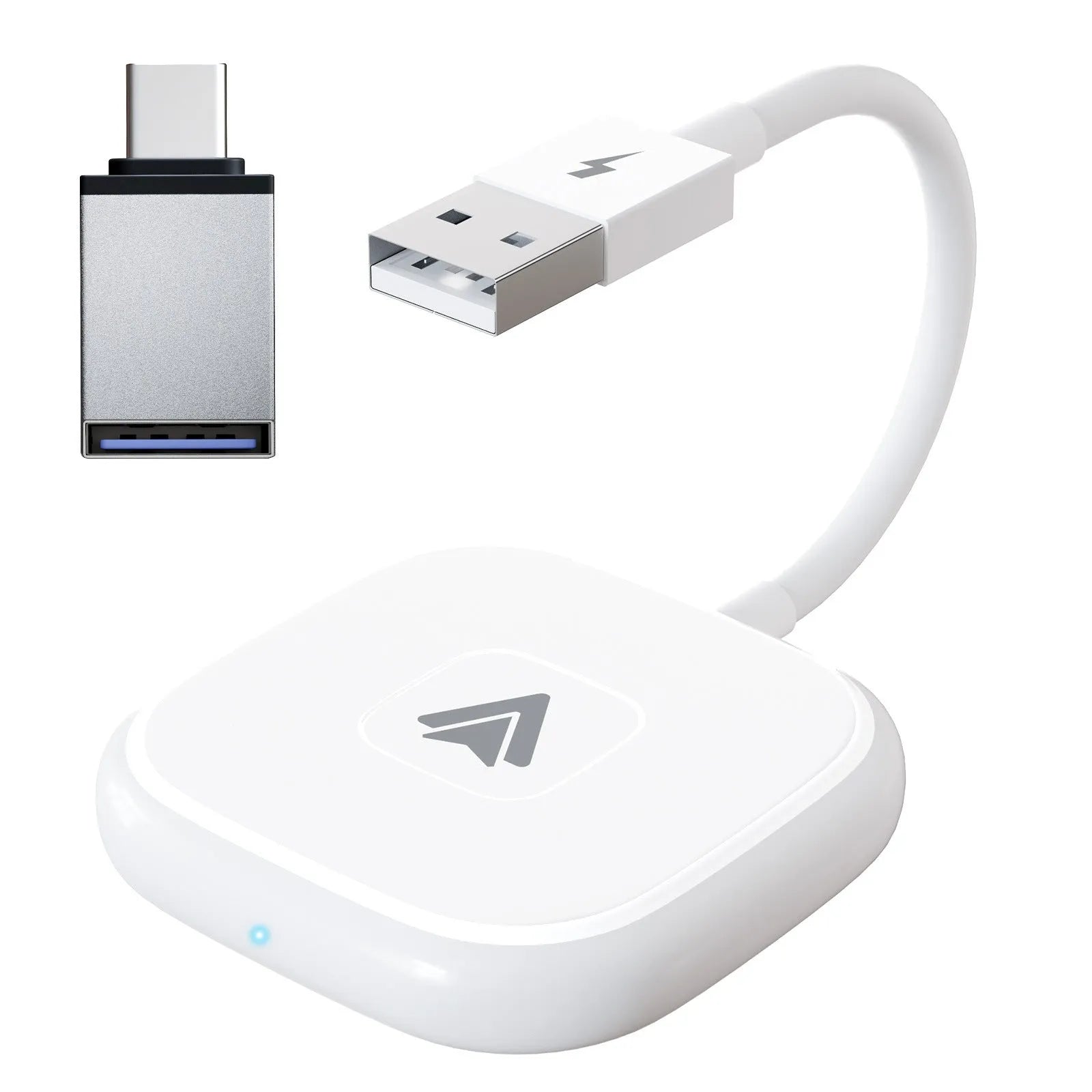 Car wired to wireless Android adapter in black and white colour variants for connecting phones to factory CARPLAY systems.