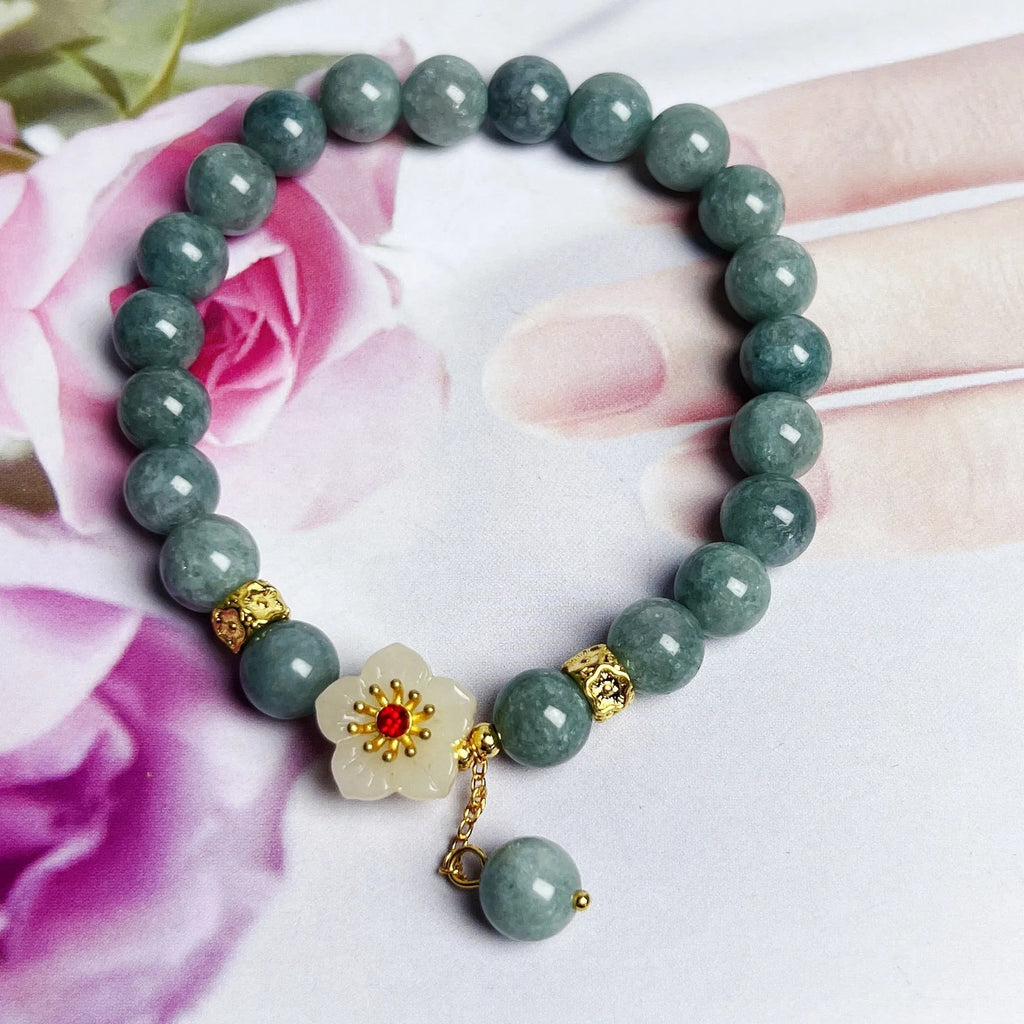 Women's adjustable jade bracelet with rope tightening mechanism in retro style