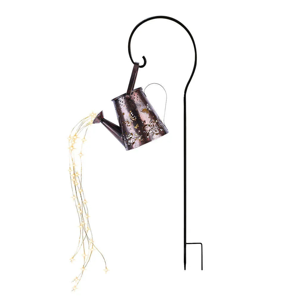 Solar-powered iron garden lamp with tapered butterfly design and warm white light.