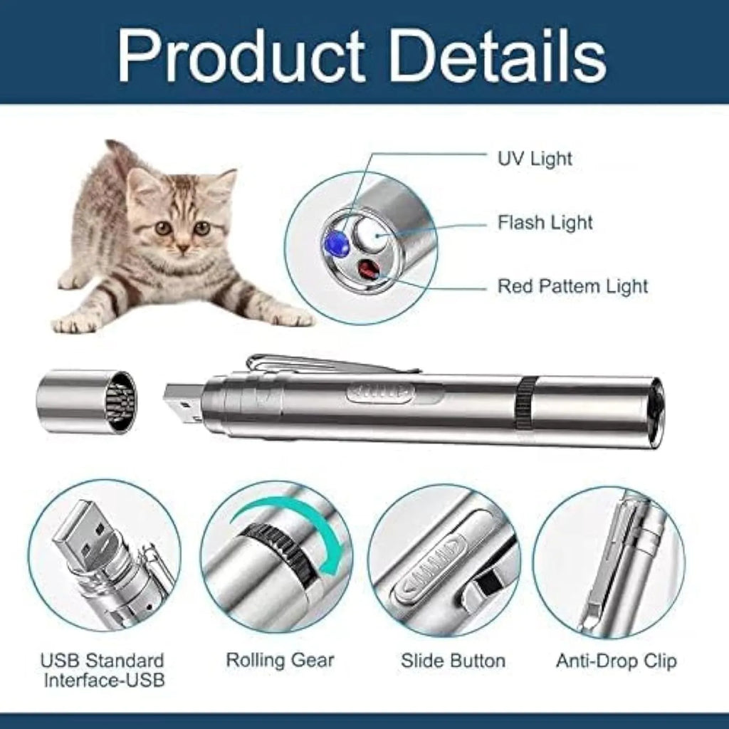 Silver aluminium cat toy pointer with USB charging showing multiple light pattern projections