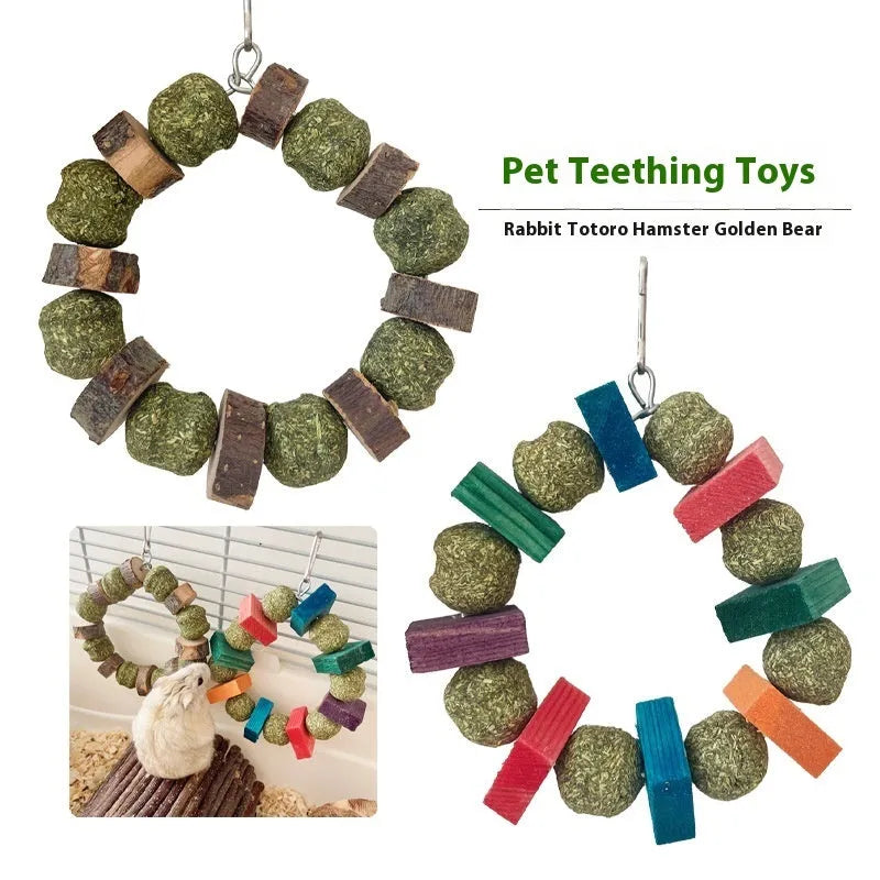 Small pet chew toy set with straw ball ring and applewood ring for hamsters, rabbits and guinea pigs