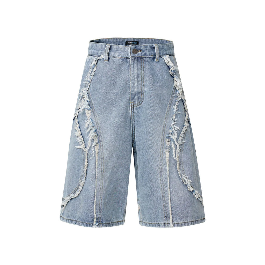 Distressed denim shorts with raw edge hem detail in straight leg cut