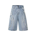 Distressed denim shorts with raw edge hem detail in straight leg cut