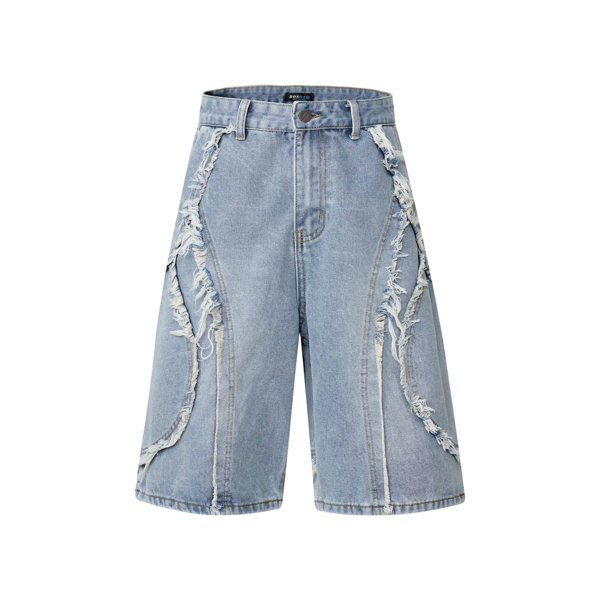 Distressed denim shorts with raw edge hem detail in straight leg cut