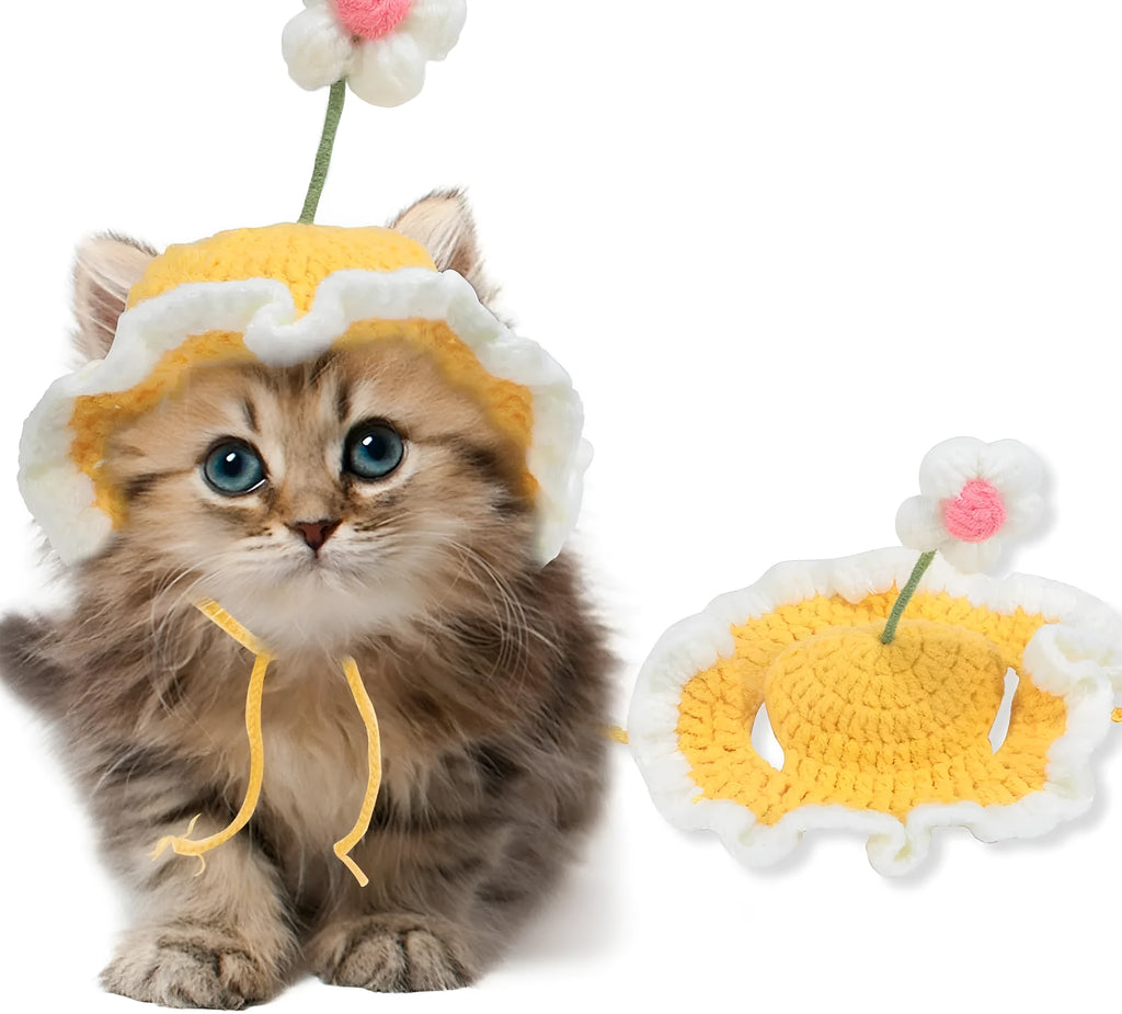 Knitted pet hat with cartoon design for cats and small dogs in green colour