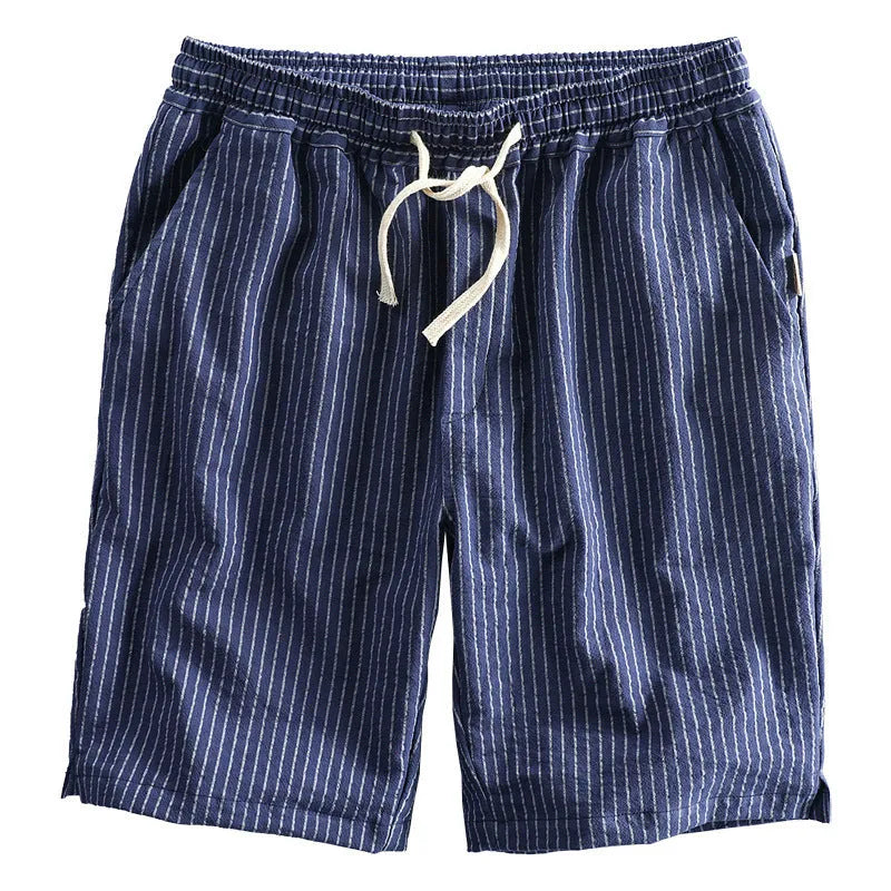Men's striped loose-fit straight-leg casual shorts on a hanger.