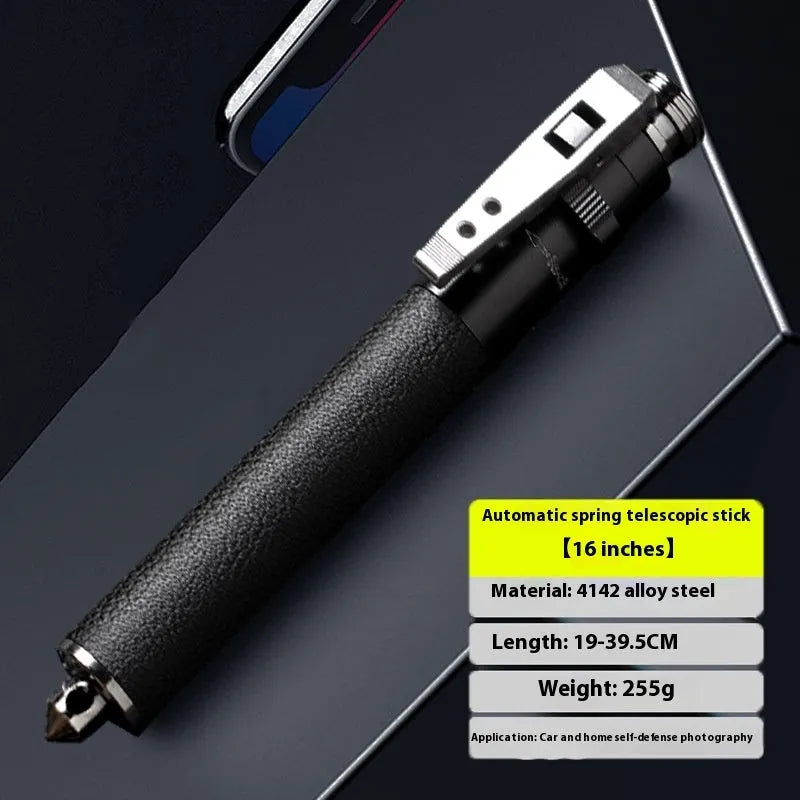 Titanium black aluminium alloy automatic spring expandable baton in collapsed and extended states.