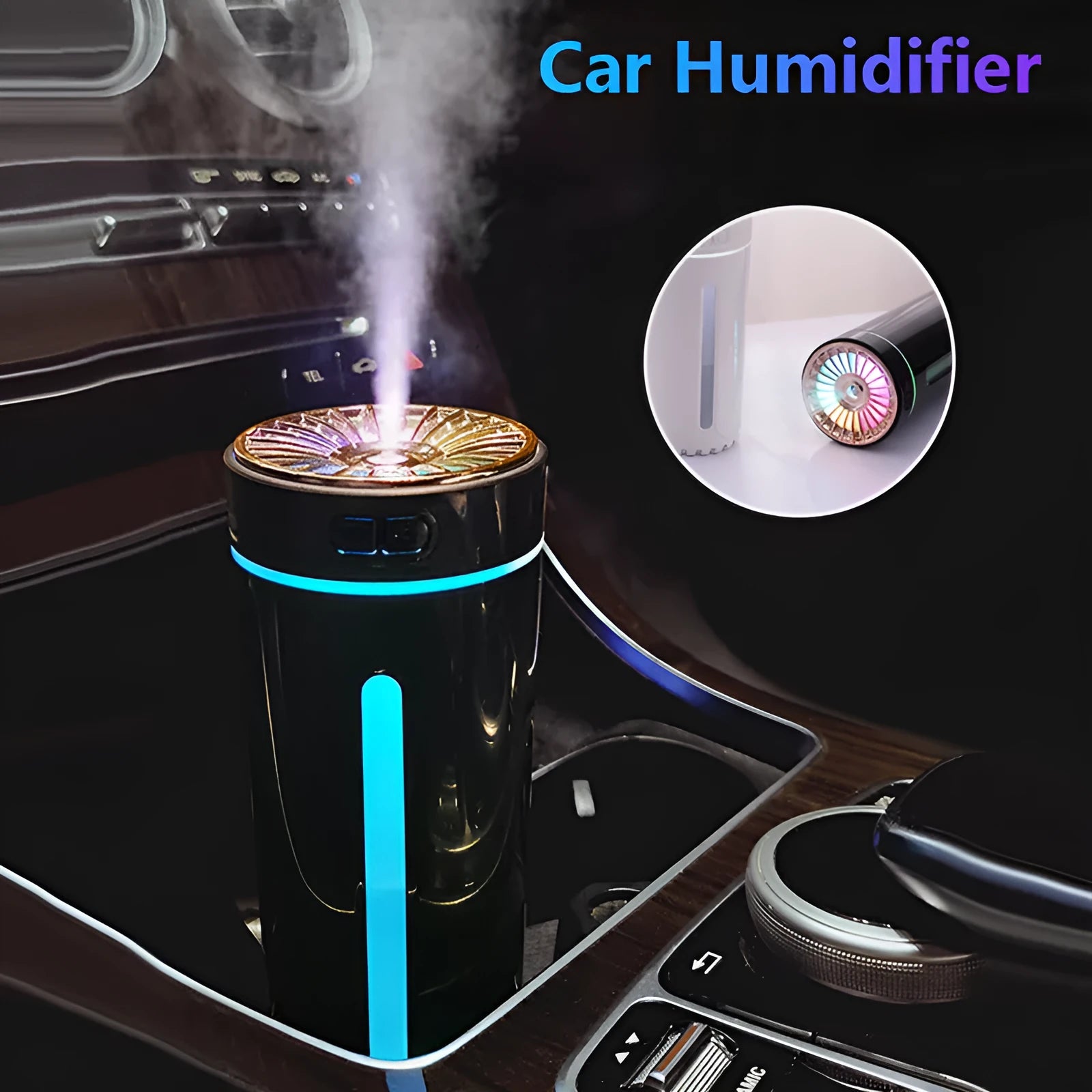 Black USB car humidifier with LED lights placed in vehicle cup holder showing mist output