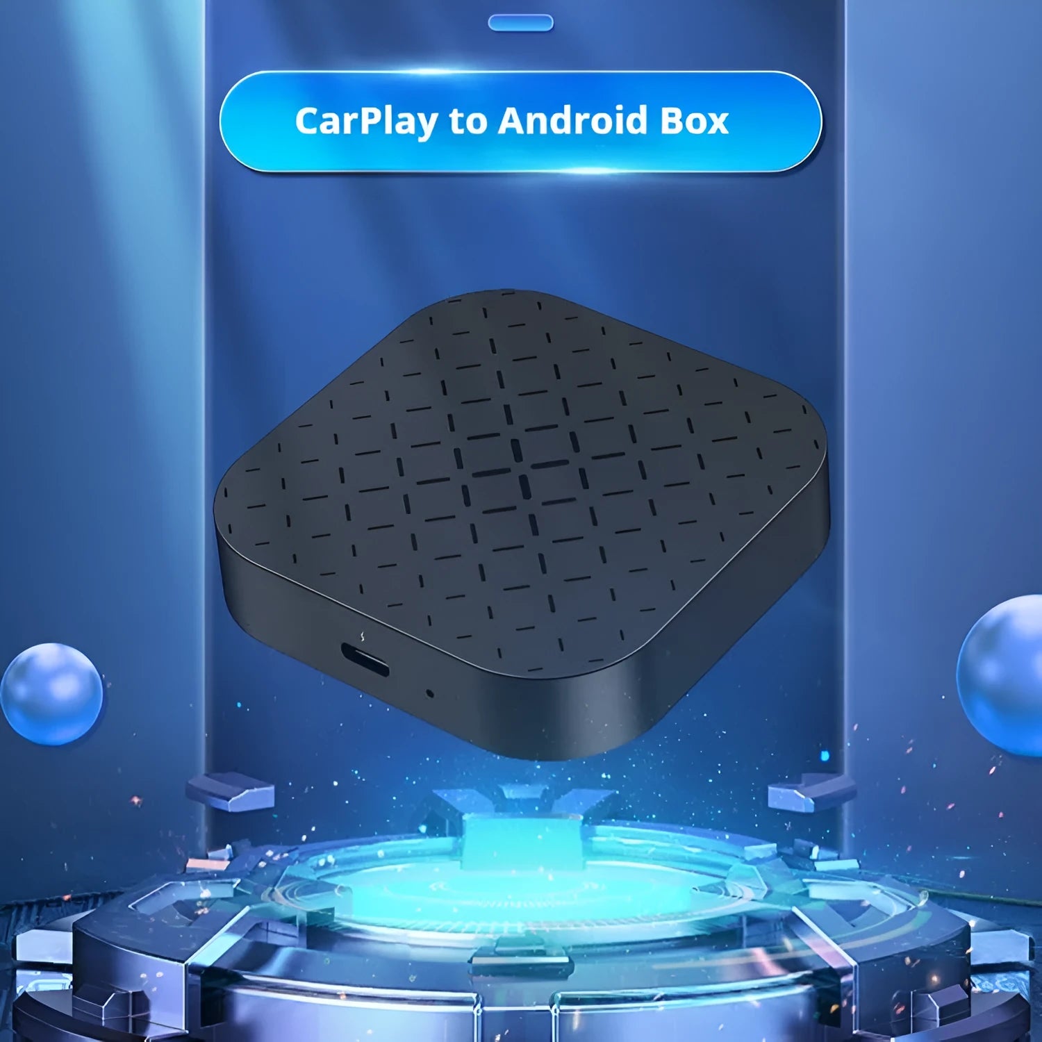 Black Android car connectivity box converting wired CarPlay to wireless smartphone integration