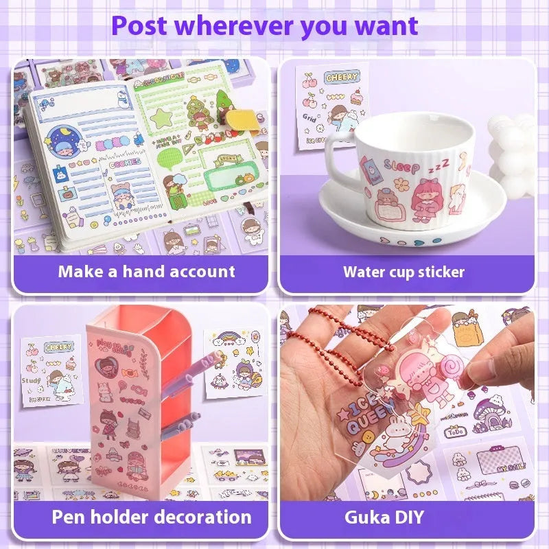 Children's sticker pack box showing five cute theme designs including meatball characters and tea party scenes