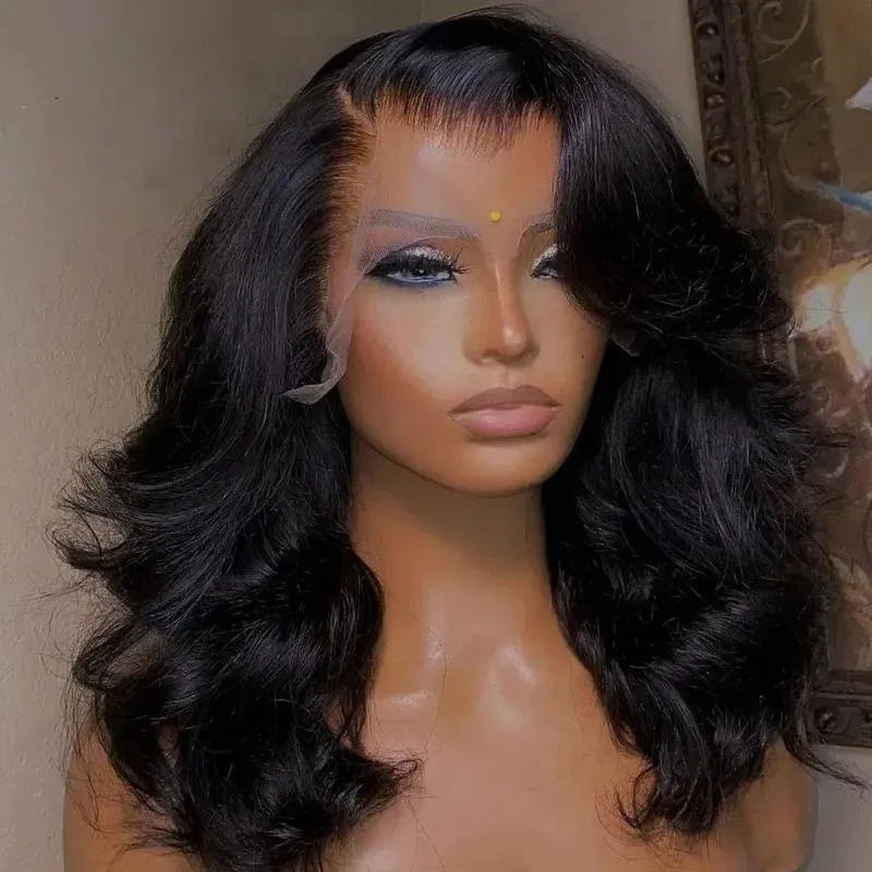 Black wavy curly human hair lace front wig natural hairline elastic band women