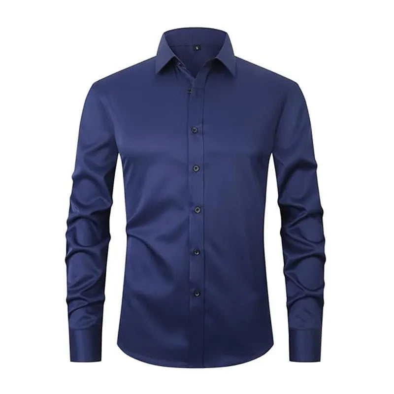 Men's stretch long sleeve work shirt in a blue colour variant on a hanger.