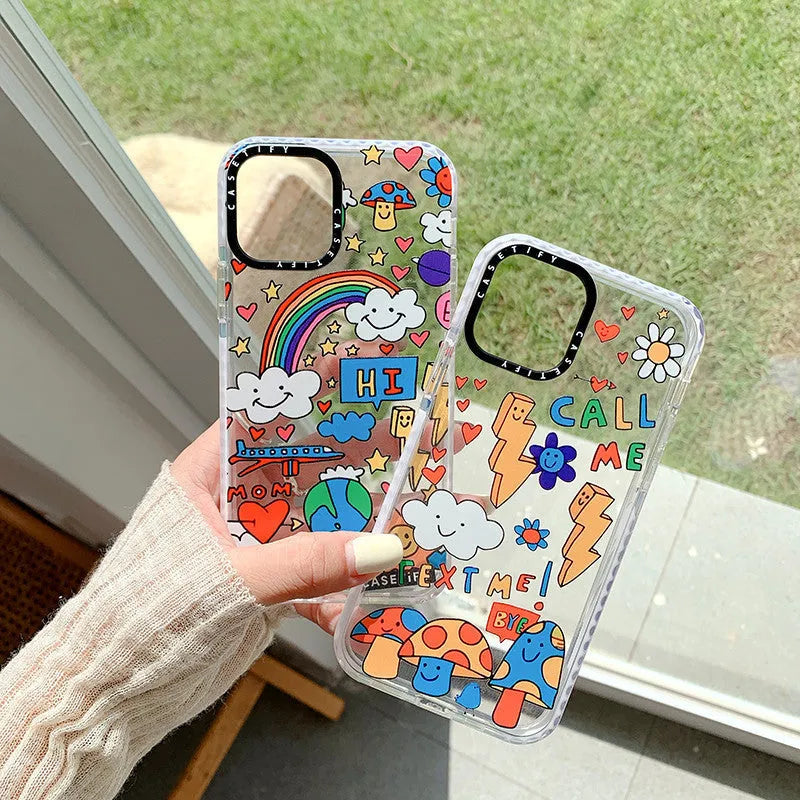 Graffiti TPU iPhone case in Lightning Mushroom and Lightning Rainbow, high transparency back cover for iPhone models