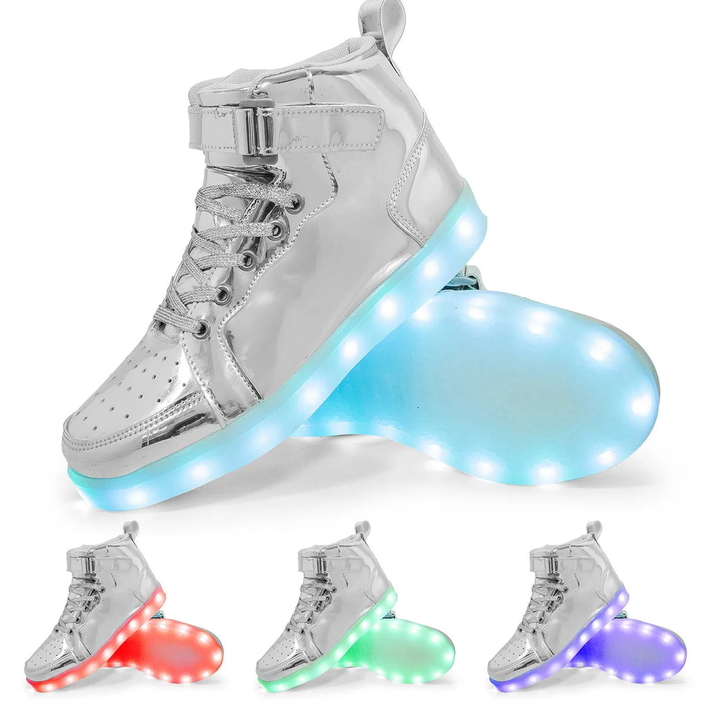 Unisex black high-top LED light-up shoes with velcro straps and glowing soles.