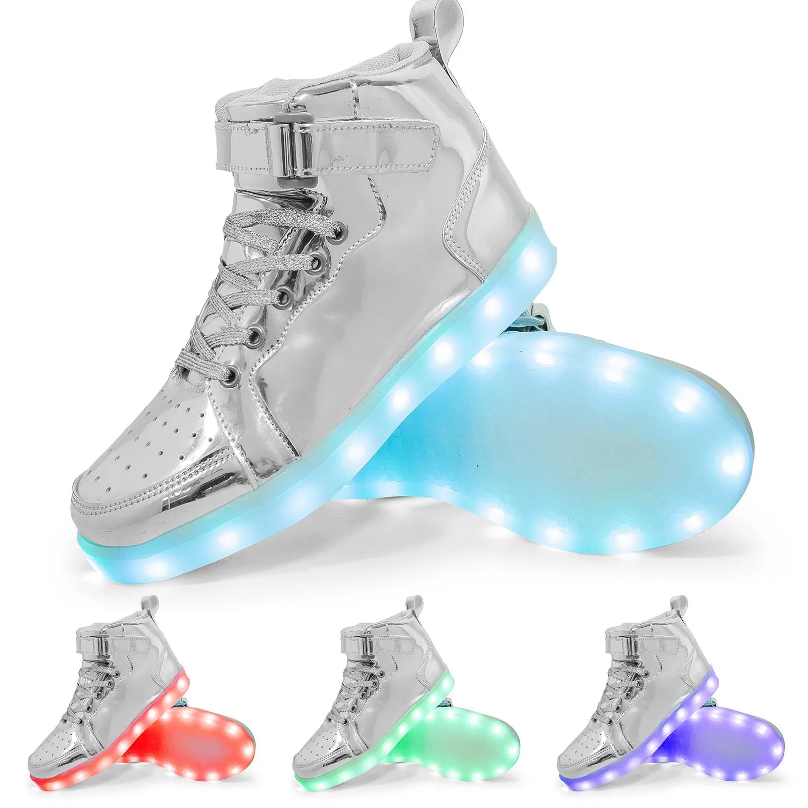 Unisex black high-top LED light-up shoes with velcro straps and glowing soles.