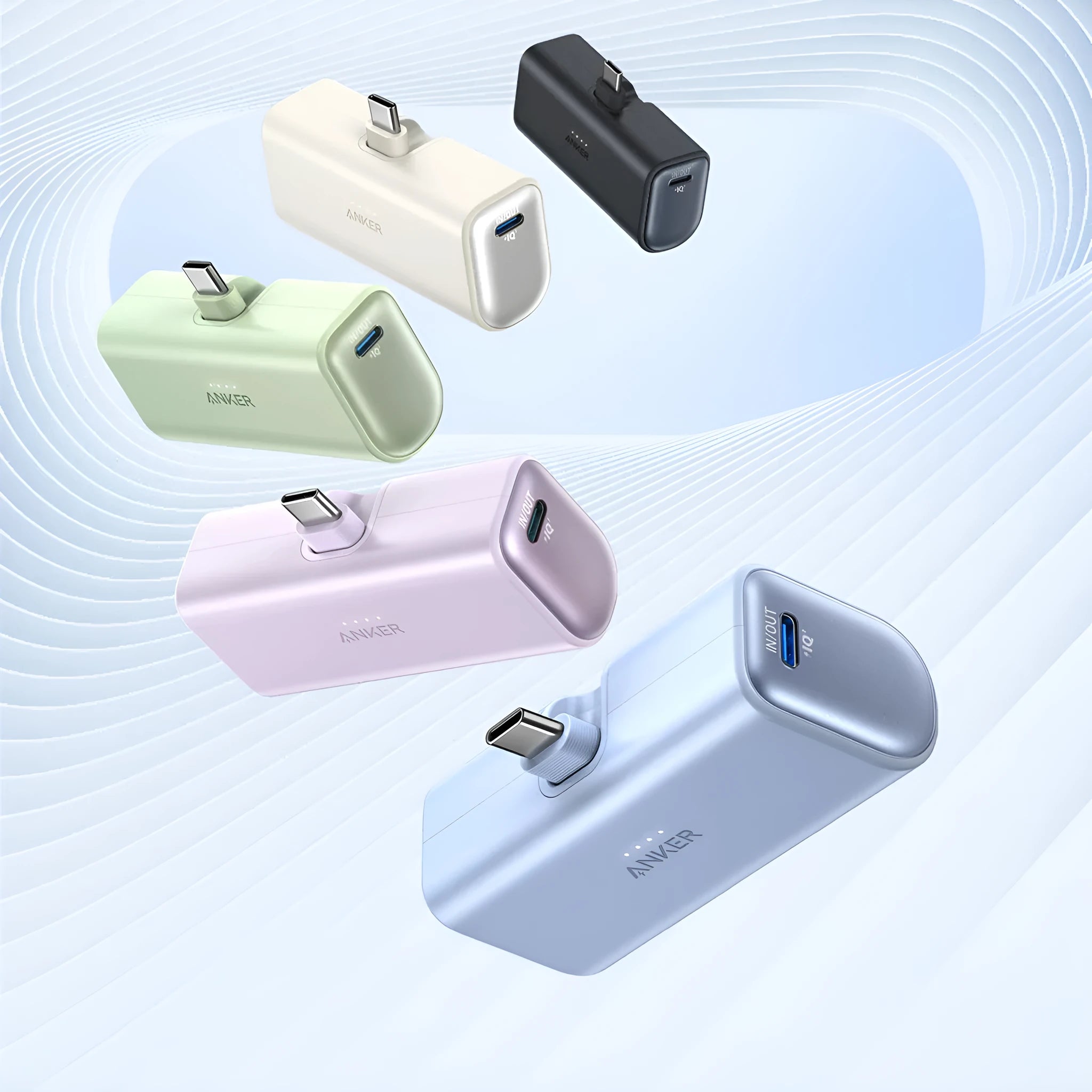 Small capsule-shaped 5000mAh power bank with foldable USB-C head in multiple colours.