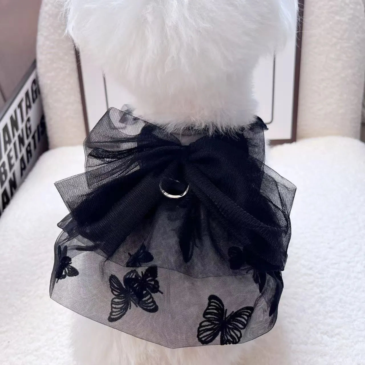 Black gauze princess tulle skirt for a small dog, showing lightweight sheer fabric and formal style.