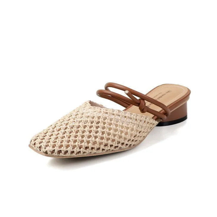 Women's French style square toe outdoor slippers with hollow-out breathable design and chunky retro heel