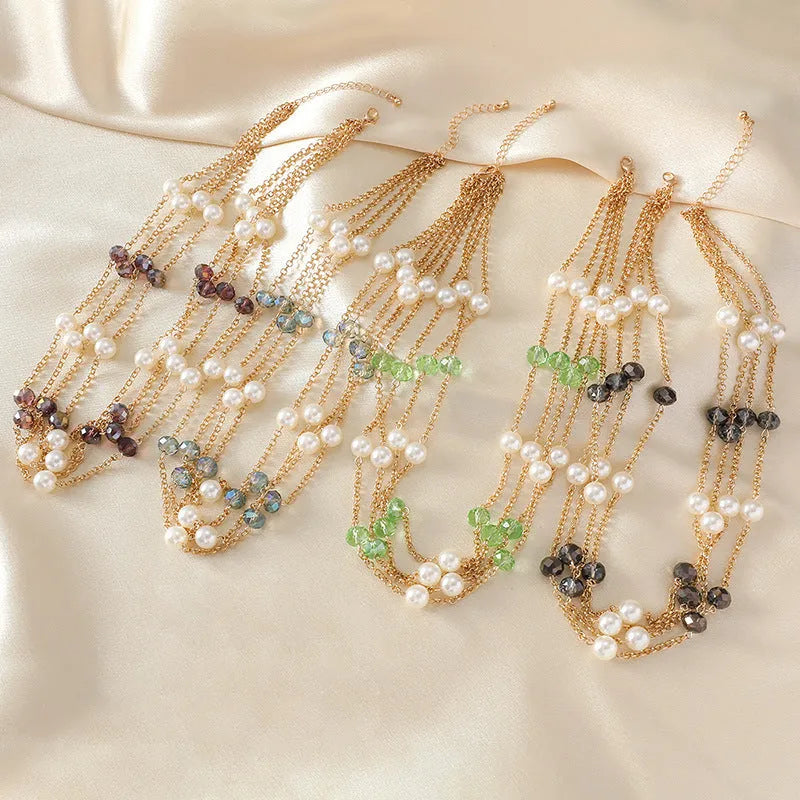 Women's sweater necklace with pearl crystal chain and round geometric alloy pendant in multiple colour options