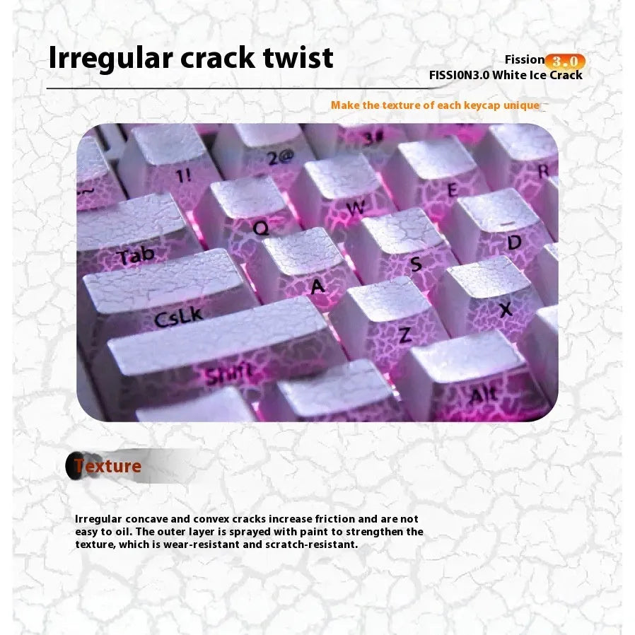 Transparent mechanical keyboard keycaps with white double-stitched lettering on clear PC material