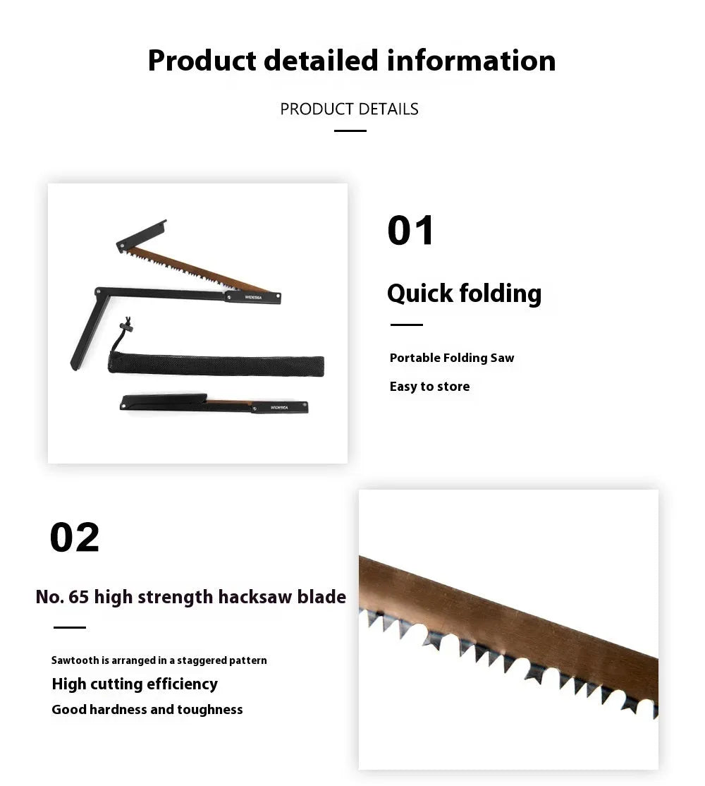 Black foldable outdoor saw with aluminium frame and nylon handle, blade folded for storage.