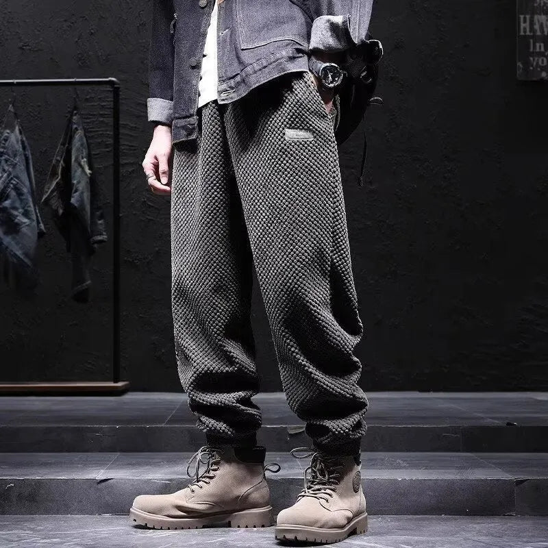 Men's grey ankle-tied straight-leg sweatpants made from non-iron polyester blend