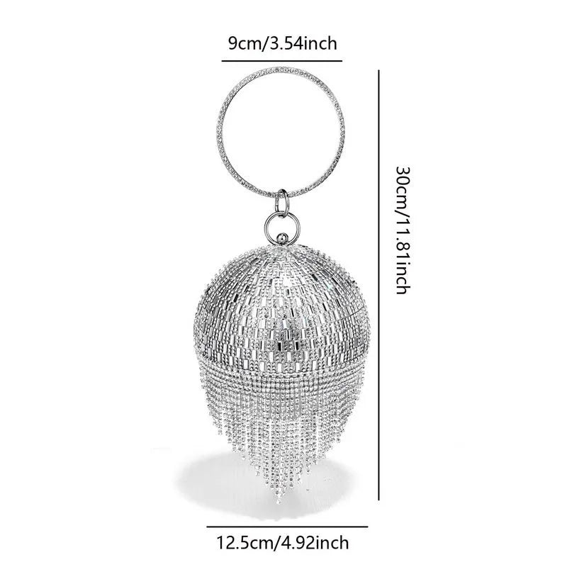 Shining rhinestone round tassel dinner bag in silver with three-dimensional outer pocket