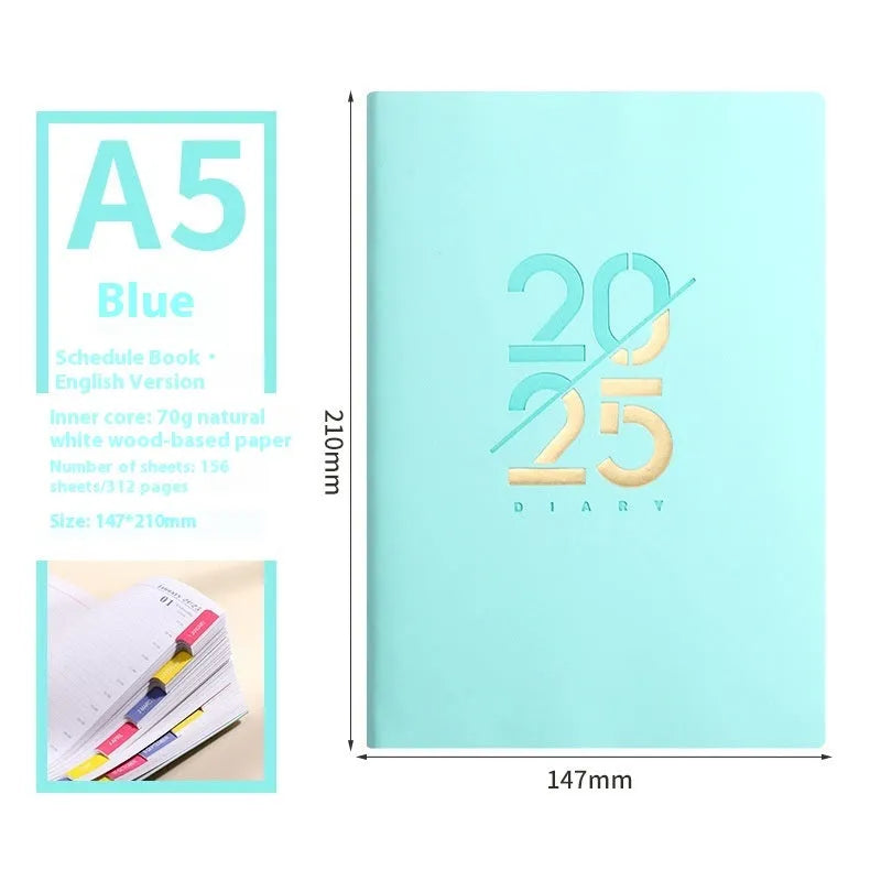A5 2025 daily planner notebook with soft faux leather cover in multiple colours, open to show lined pages.