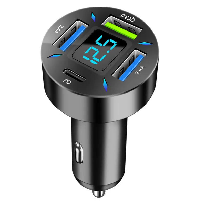Four-port USB car charger with LED digital voltage display showing 12V.