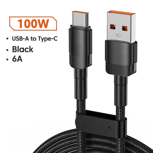 Aluminium alloy woven USB charging cable with 100W PD fast charging in black, blue, purple, or green